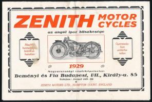 1929 Zenyth motorcycles, kihajtható illusztrált motorkerékpár termékbemutató reklám prospektus, hajtásnyommal, apró foltokkal