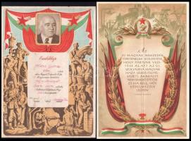 cca 1950 2 db kommunista emléklap, egyik Rákosi Mátyás arcképével illusztrált, sérült, kissé foltos; másik DISZ, hajtásnyommal