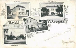 1901 Somorja, Samorín; Polgár iskola, Régi laktanya, Templom tér, üzlet, Városház utca / school, K.u.K. military barracks, street view, shop, church. Art Nouveau, floral (r)