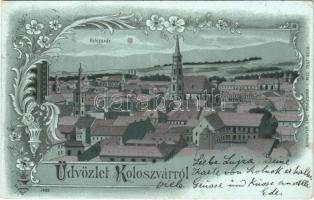 1901 Kolozsvár, Cluj; látkép. Schuster Emil kiadása / general view. Art Nouveau, floral, litho (EK)