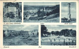 1937 Érd, II. Lajos király emléktáblája, látkép, Török mecset, Kutyavár, Strandfürdő, fürdőzők (EK)
