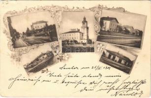 1901 Sambir, Szambir, Sambor; street view, railway station, town hall, hotel and restaurant. Art Nouveau, floral (EK)