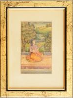 Jelzés nélkül: Rádháráni a szerencse istennője a tisztaságot jelképező két lótuszvirággal. Indiai akvarell-karton, 11x6,5 cm Üvegezett keretben / Indian water-color painting