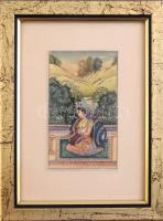 Jelzés nélkül: Rádháráni a szerencse istennője a tisztaságot jelképező lótuszvirággal. Indiai akvarell-karton, 11x6,5 cm Üvegezett keretben / Indian water-color painting