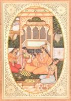 Jelzés nélkül: Akban császár a Mogul birodalom uralkodója, a művészetek barátja, háremében . Indiai akvarell-karton, 21x14 cm Üvegezett keretben / Indian water-color painting