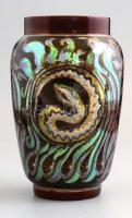 Zsolnay kígyós váza. Többféle mázzal. Kézzel festett, jelzett (Tóth Ágnes) hibátlan. 20,5 cm