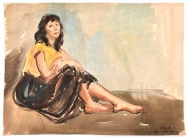 Élesdy István (1912-1987): Ülő hölgy portréja, 1958. Akvarell, papír, jelzett. 29,5×40,5 cm