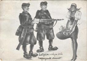 1941 Határvadász élet. Igazoltatás motozás nélkül. Kerekes Lajos határvadász rajza 20. po. szd. / WWII Hungarian military art postcard (EB)