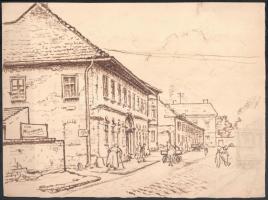 Sostarics Lajos (1896-1968): Óbudai utcarészlet. Diópác, papír, jelzés nélkül, 24x32 cm