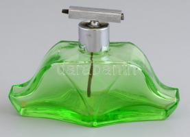 Zöld parfümös üveg. Formába öntött, anyagában színezett., 13x9 cm