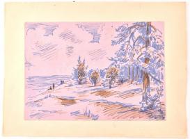 Szilágyi Ilona (1904-1985): A finn öböl partján. Filctoll, papír, papírra kasírozva, jelzett, hátoldalán feliratozott, 29×41,5 cm