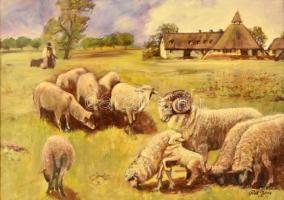 Róth István (?-): Juhnyáj, 2006. Olaj, farost, jelzett. Fa keretben. 50x70 cm