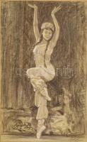 Hartung Sándor (1962- ): Keleti tánc (táncosnő). Kréta, papír, jelzett, hátoldalán feliratozott, üvegezett fa keretben, 38×24 cm