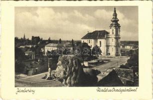 1936 Jászberény, Országzászló, templom. Pesti Péter kiadása (Rb)