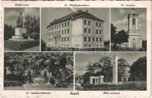 1949 Aszód, Petőfi szobor, Evangélikus Petőfi gimnázium, Evangélikus templom és leánynevelőintézet, Hősök szobra, emlékmű (szakadás / tear)