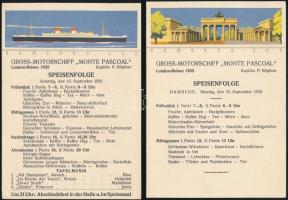 1935.IX.12-16 Gross-Motorschiff Monte Pascoal Speisenfolge, össz. öt db illusztrált német nyelvű menükártya a Londonból Hamburgba tartó Monte Pascoal hajóra szóló utazásra, öt egymást követő napra, hátoldala képeslap formátum, 15x10,5 cm, 2 alján apró foltokkal / 1935 Monte Pascoal ship, 5 illustrated menu cards for a trip from London to Hamburg, in German languague, 2 of the a bit spotty in the bottom, 15x10,5 cm