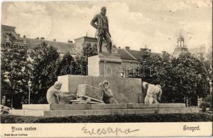 1901 Szeged, Tisza Lajos szobor. Kiadja Pető Ernő + SZEGED - NAGYVÁRAD 28. vasúti mozgóposta bélyegző (EK)