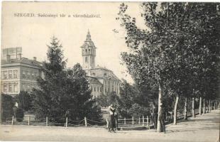 Szeged, Széchenyi tér, Városháza, park. Grünwald Herman kiadása (EK)