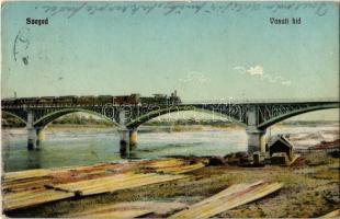 1915 Szeged, Vasúti híd, gőzmozdony, faúsztatás (EK)