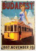 Budapest 1887 november 28. a villamos közlekedés megindulását megidéző régi mintájú modern karton reklámtábla. 27x40 cm