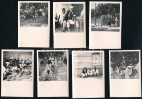 cca 1938 Bihac (Bihács), Jugoszlávia, mai Bosznia-Hercegovina, felvételek a városról, sok életképpel a piacról, emberekről népviseletben, nőkről burkában, mecsetről és más épületekről, stb. össz. 13 db hátoldalán feliratozott vintage fotó, némelyiken apró felületi sérüléssel, 9x6 cm/ cca 1938 Photos of trip to Bihac (Bihács), Yugoslavia, now Bosnia and Herzegovina with interesting scenes of the market, with many people in traditional folklore costumes, with muslim women in burkas, photo of the mosque and other buildings, etc.,13 vintage photos with description of the city name Bihac on the back, few of them with surface damages 9x6 cm