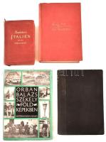 Vegyes könyvtétel, 4 db:   Révész Béla: Ady trilógiája. A három könyv egy kötetben.Számos illusztrációval, fényképekkel és kézirat facsimilékkel. Bp., 1935, Nova. Kiadói egészvászon-kötés, kissé kopott borítóval, kissé foltos lapélekkel.;  Orbán Balázs: Székelyföld képekben. Bukarest, 1971, Kriterion. Kiadói egészvászon-kötésben, kiadói papír védőborítóval, jó állapotban.;  Johan Béla: Gyógyul a magyar falu. M. Kir. Országos Közegészségügyi Intézet Közleményei 7 sz. Bp., 1939., M. Kir. Országos Közegészségügyi Intézet. Átkötött félvászon-kötés, kissé kopott borítóval.;  Baedeker, Karl: Italien von den Alpen bis Neapel. Kurzes Reisehandbuch. Leipzig, 1908, Verlag von Karl Baedeker. Hatodik kiadás. Kiadói aranyozott egészvászon kötés, viseltes állapotban.
