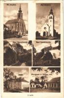 Szada, Római katolikus és református templom, iskola, Báró Vécsey és Bánó László kastély, községháza, hangya szövetkezet üzlete és saját kiadása / churches, school, castles, town hall, shop (EK)