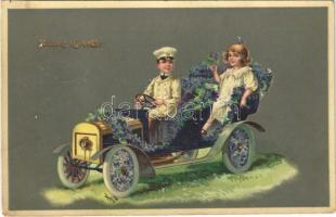 1911 Boldog újévet! Gyerekek kocsiban / New Year greeting, children in automobile. litho (EK)