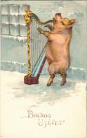 Boldog újévet! Malac hárfával / New Year greeting, pig playing on the harp. litho (EK)