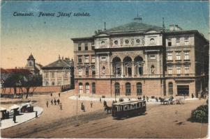 1923 Temesvár, Timisoara; Ferenc József színház, villamos, utcai árusok / theatre, tram, street vendors (fa)