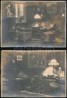 cca 1920 Lakásbelső, 5 db vintage fotó; az összeállítás érdekessége a berendezési tárgyakon kívül, a falon levő modern festmény, 17,8x10,8 cm és 12,5x17,6 cm között