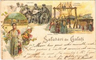 1900 Galati, Galac, Galatz; Salutari, Lautari, Leagan (Caroussel), Dansul Hora / Romanian folklore. Künzli Art Nouveau, floral, litho (EK)