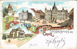 1902 Graz (Steiermark), Uhrturm, Rathaus, Kaiserhof, Stadttheater / clock tower, town hall, palace, tram, market vendors, theatre, coat of arms. Schneider & Lux No. 1989. Art Nouveau, floral, litho