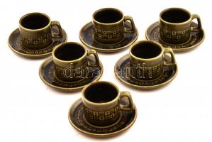 6 személyes Gránit jelzésű festett, mázas kerámia kávéscsészék aljakkal, egyik csészén apró lepattanással, m: 4,5 cm, d: 11,5 cm
