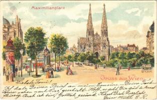 1900 Wien, Vienna, Bécs; Maximilianplatz / square, horse-drawn tram, church. litho s: Geiger R.