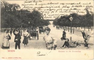 1903 Wien, Vienna, Bécs; Einfahrt in die Praterallee / street view. Montage with lady and bicycle, humour (EK)