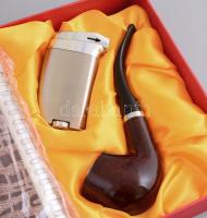Pipa, h: 14 cm, + öngyújtó, h: 7 cm + flaska, 14x9,5 cm, szettben, dobozban