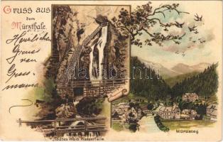 1899 Mürzsteg (Steiermark), Gruss aus dem Mürztal. Todtes Weib Wasserfälle, Mürzsteg / waterfall, general view. Art Nouveau, litho (Rb)