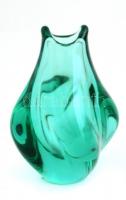 Zöld, anyagában színezett kis üveg váza, az alján címkével jelzett, karcolásokkal, az alján kis lepattanással, m: 12 cm