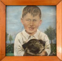 Turóczi jelzéssel: Fiú kutyával. olaj, karton. Jelzett. Üvegezett keretben. 25x25 cm