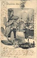 1904 Graz (Steiermark), Glückliches Neujahr! Liesl am Schloßberg / bell tower in winter. New Year greeting Floral art postcard