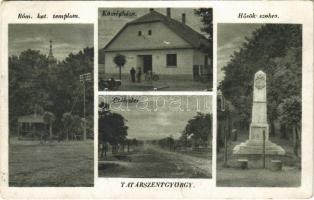 Tatárszentgyörgy, Római katolikus templom, Községháza, kerékpár, motor, út, Hősök szobra, emlékmű (EK)
