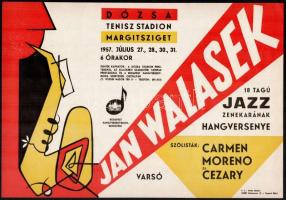 Villamosplakát: Jan Walasek 18 tagú Jazz zenekarának hangversenye, Margitsziget, 1957, 23x33 cm