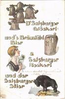 DSalzburger Glöckerl unds Bräustübl Bier a Salzburger Nockerl und der Salzburger Stier / Austrian beer advertisement (EB)
