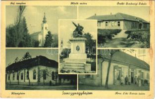 1943 Nagybajom, Somogynagybajom; Református templom, Hősök szobra, emlékmű, Önálló Gazdasági Iskola, Községháza, Árva Lóki István üzlete és saját kiadása (fl)