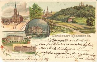 1899 (Vorläufer) Kőszeg, Római katolikus templom, Laktanya, katonai alreáliskola, hidegvízgyógyintézet. Künzli Nr. 616. Art Nouveau, floral, litho (EM)