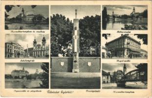 1947 Győr, Karmelita templom és rendház, Rába részlet, Országzászló, Széchenyi tér, Papnevelde és Püspökvár, Royal szálloda (EK)