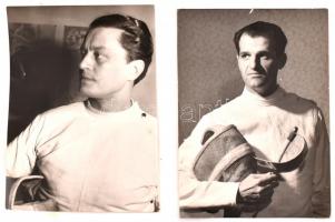 Vívás Gerevich Aladár és Kárpáti Rudolf kardvívó olimpiai- és világbajnokok, 2 db eredeti sajtófotó, egyiken hajtásnyommal, 18x14 cm