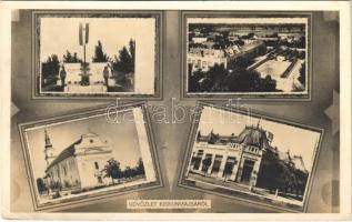 1950 Kiskunmajsa, Országzászló, látkép, Fő tér, Szentháromság Gyógyszertár, Római katolikus templom. Sándorovszky Gyula fényképész kiadása (EK)