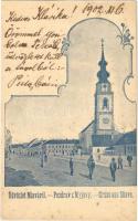 1902 Miava, Myjava; Fő utca, templom / main street, church. Art Nouveau